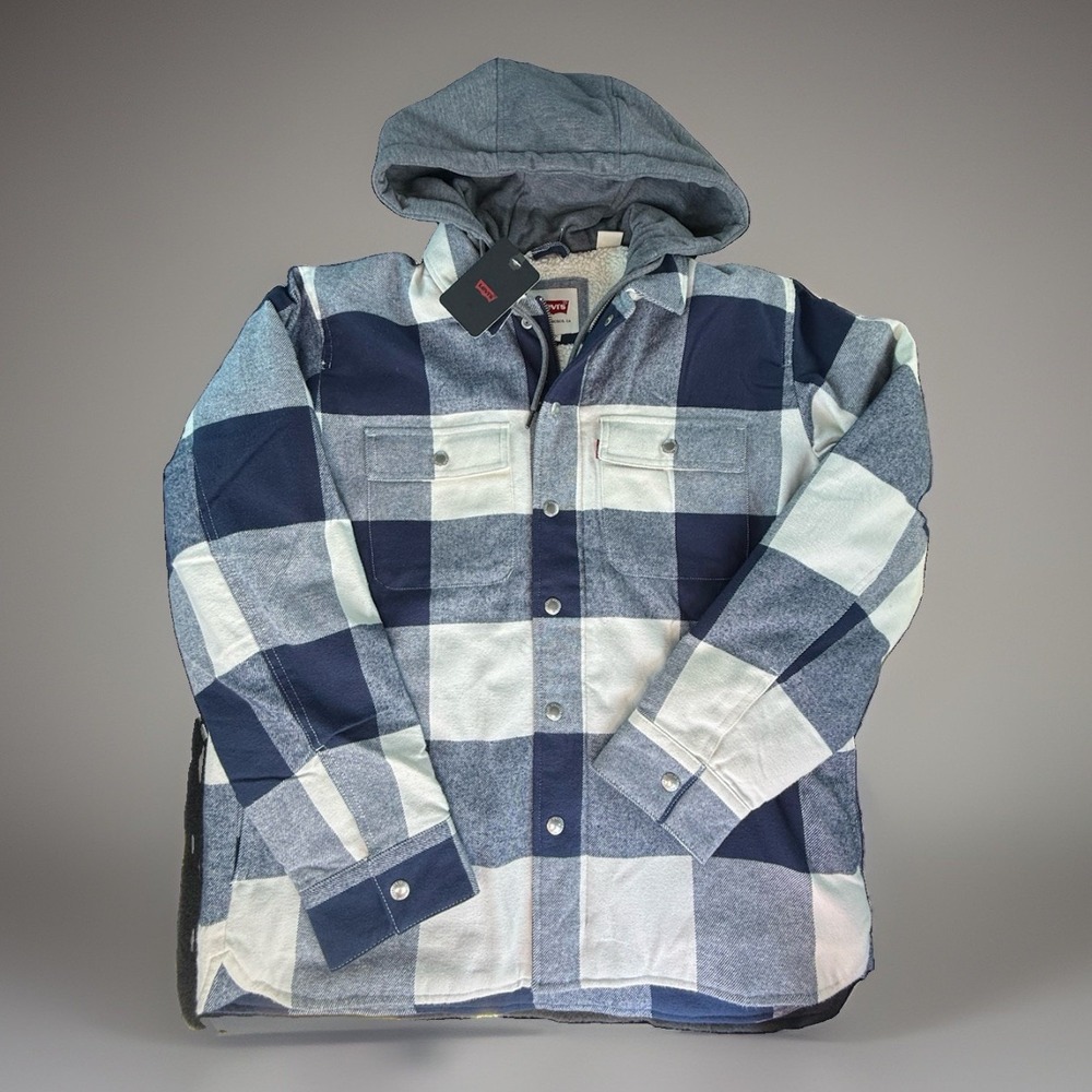 NWT Levi's Men's Plaid Hooded Sherpa Lined Zip Jacket Navy Blue White Size M
